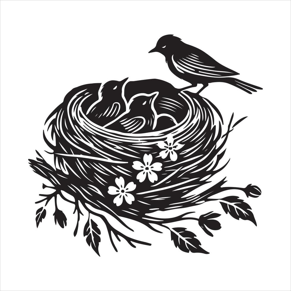 bird nest clip art black silhouette white background vector
