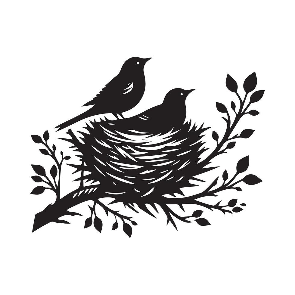 bird nest black silhouette white background vector