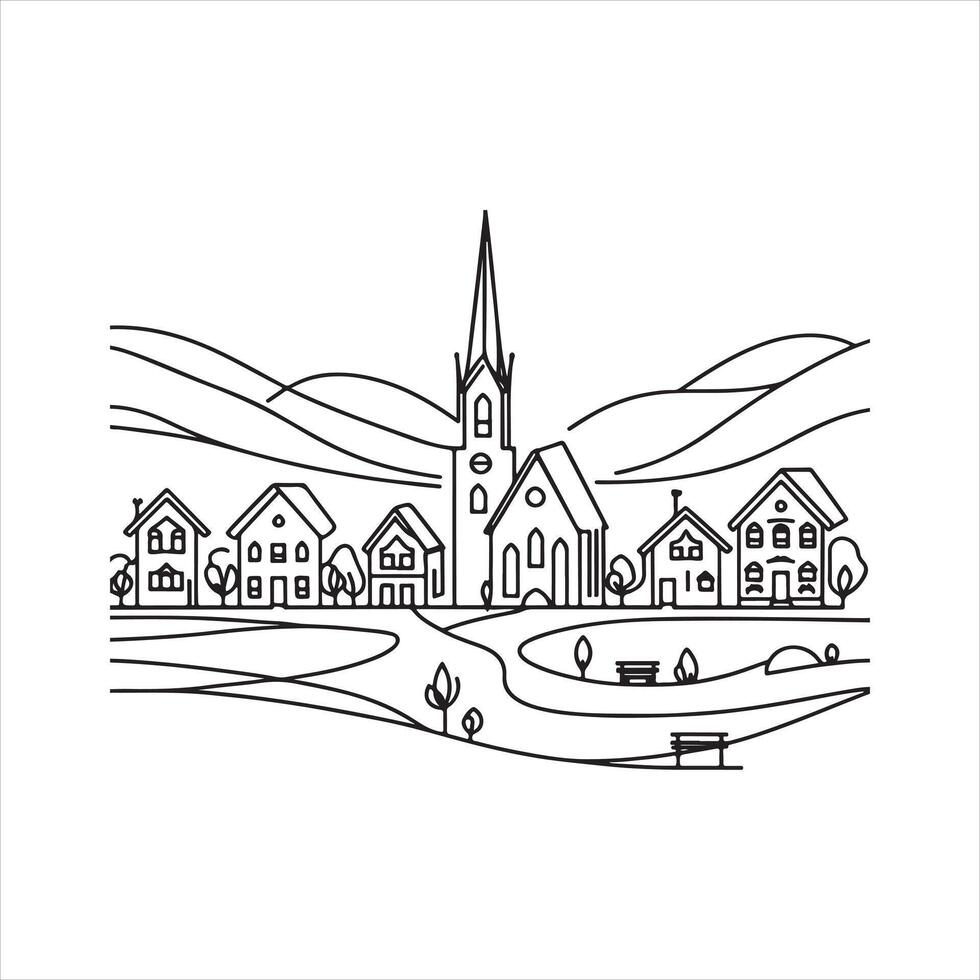 Village Continuous one line art drawing style silhouette on white background vector