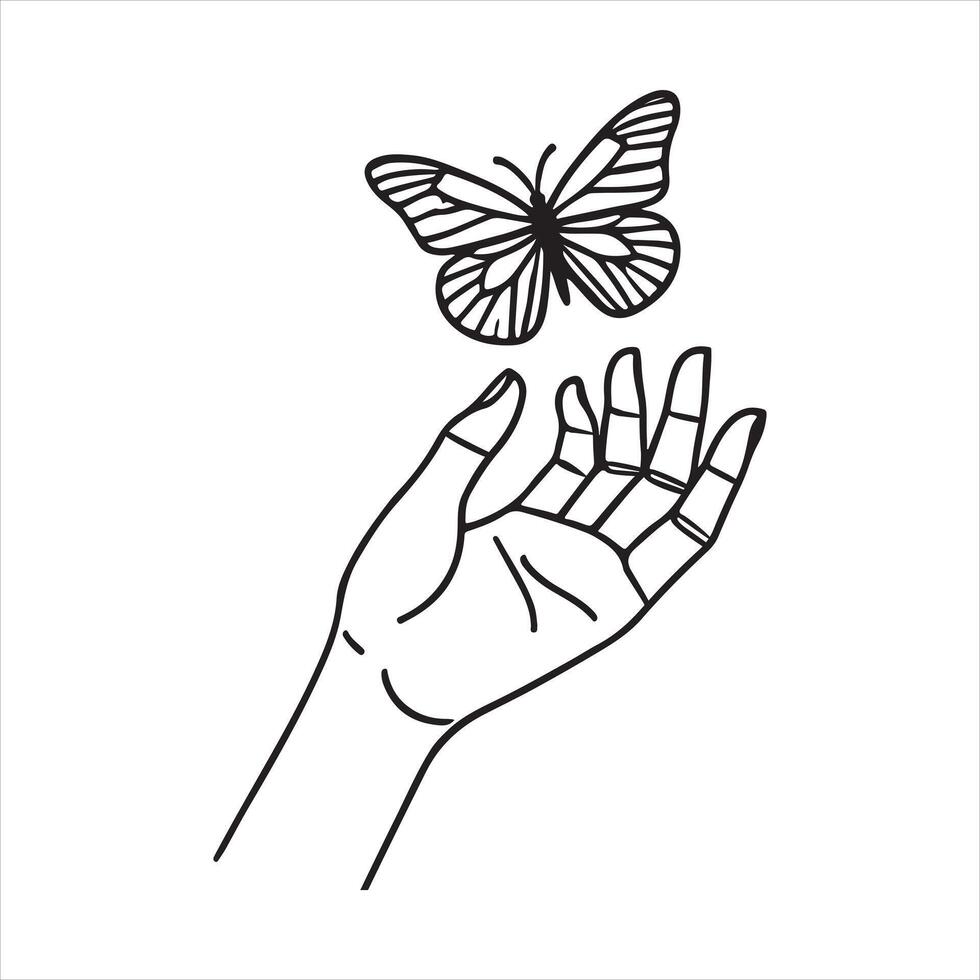 Continuous one line drawing of hand holding butterfly black silhouette on white background vector