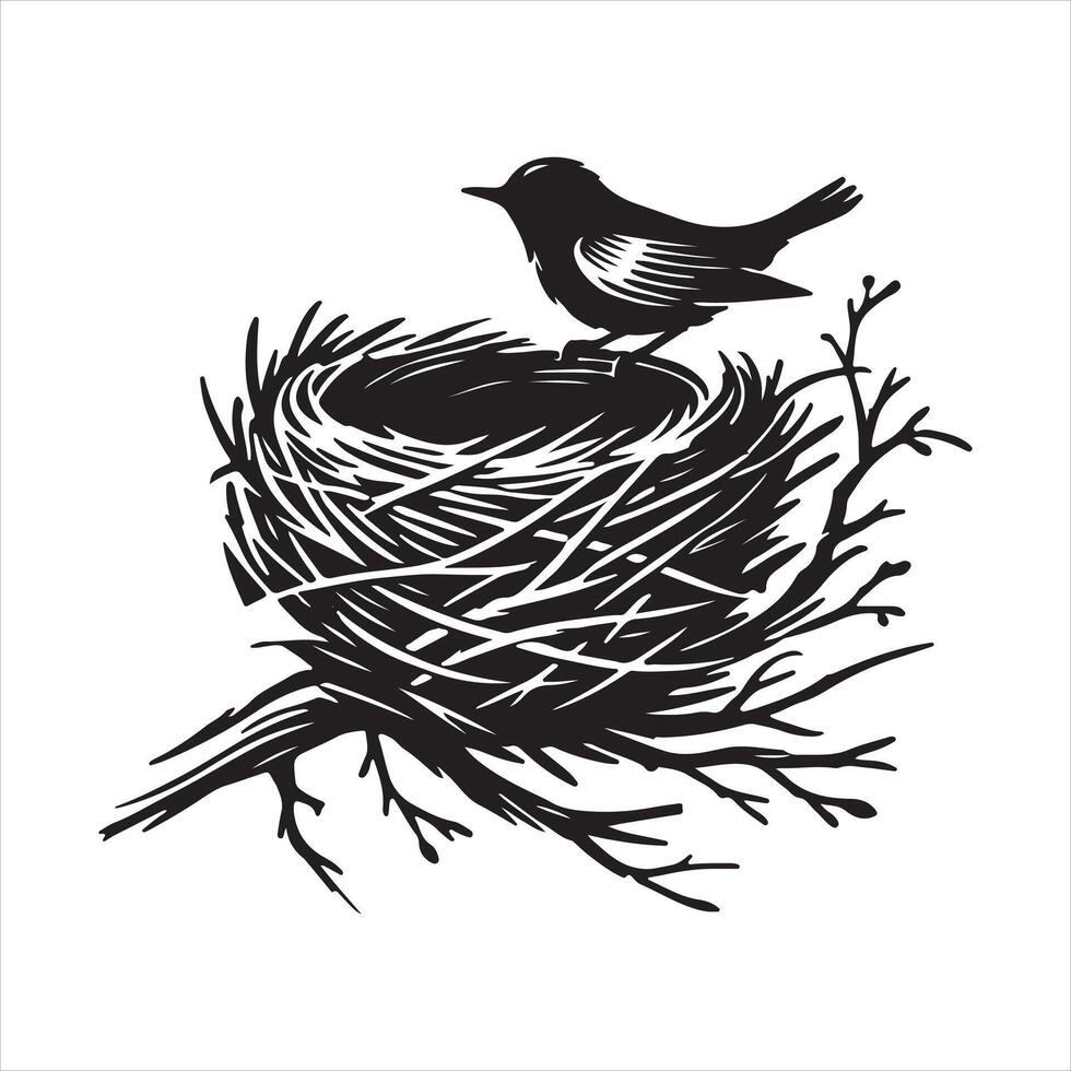 bird nest silhouette white background vector