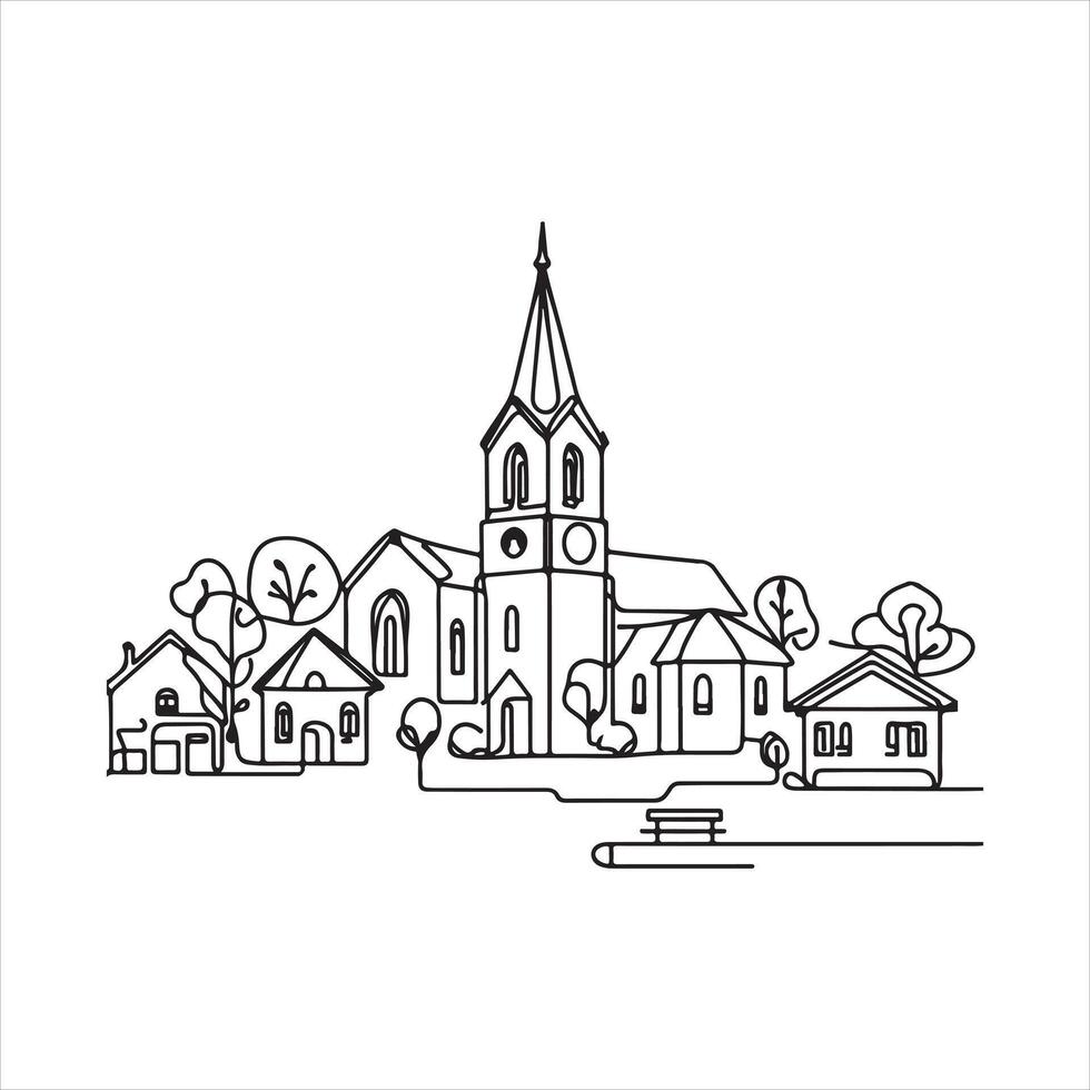 Village Continuous one line art drawing style silhouette white background vector