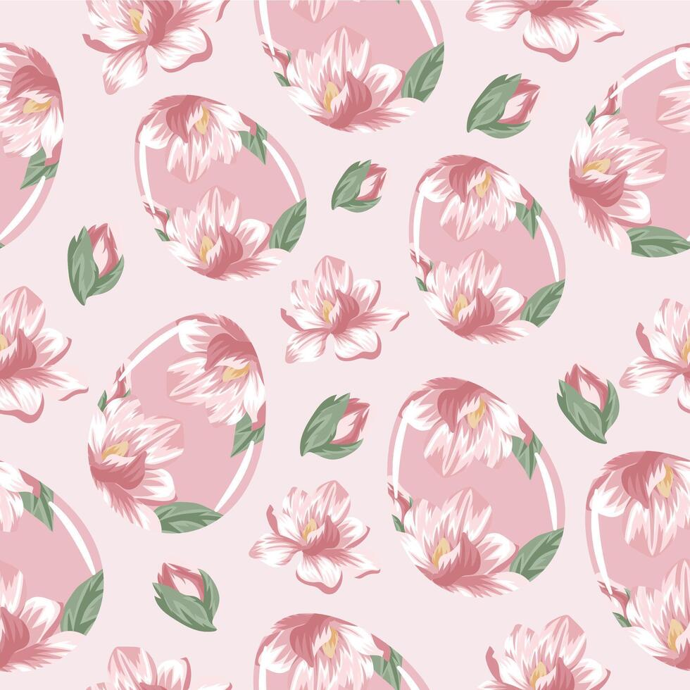 seamless pattern of easter eggs painted with floral motifs, namely open buds of pink magnolias on a pink background, for drawing, for posters or banners vector