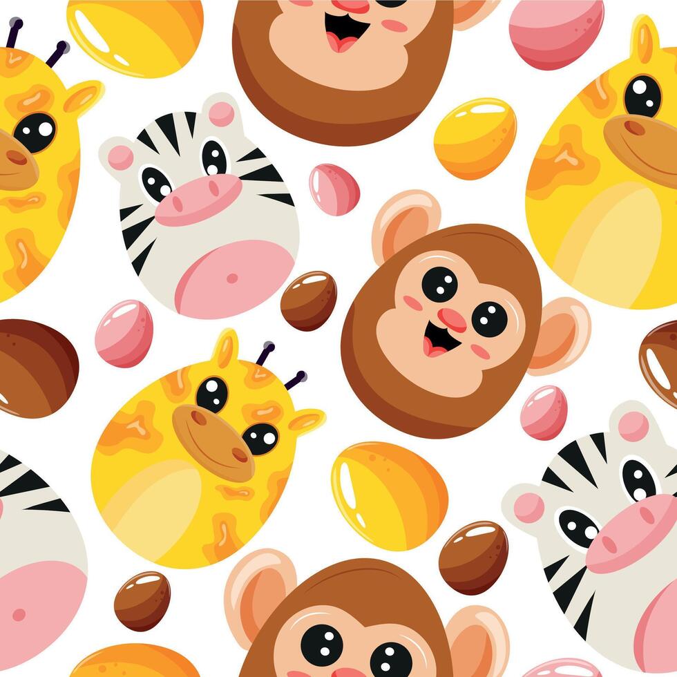 Easter seamless pattern with decorated eggs with zebra, monkey, giraffes and eggs for holiday poster, textile or wrapping vector