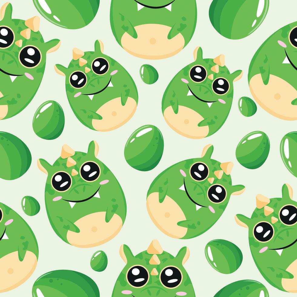 Easter seamless pattern with decorated eggs with green dragons and green eggs for holiday poster, textile or wrapping vector