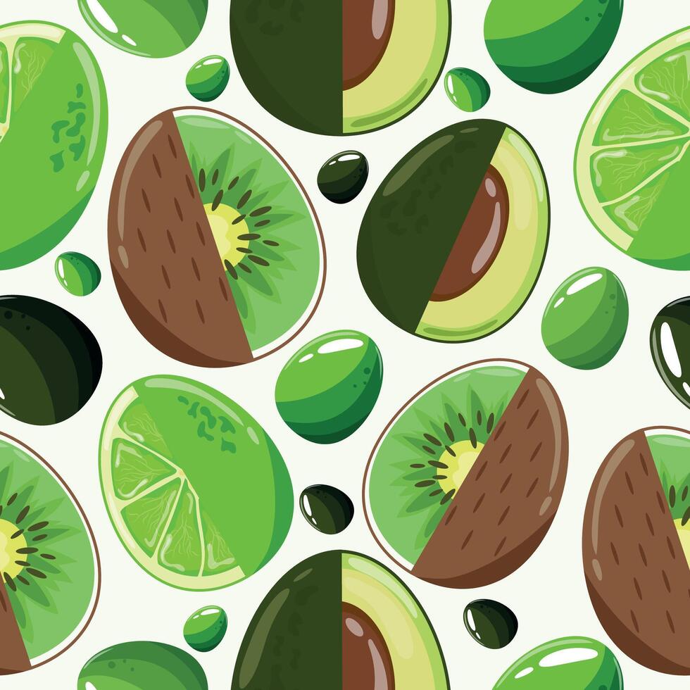 Easter seamless pattern with decorated eggs with juicy kiwi, lime, avocado and brown eggs for holiday poster, textile or packaging vector