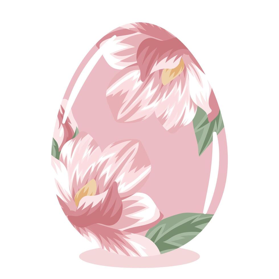 Easter egg template painted with floral motifs, namely open pink magnolias on a pink background, for drawing, poster or banner vector