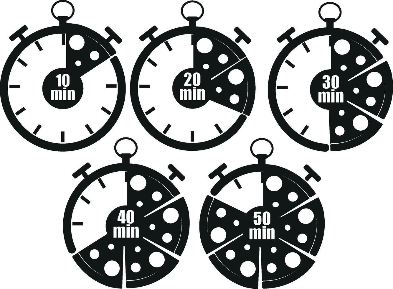 set of original black and white icons for delivery service with stopwatch dial and pizza slices signaling the time of delivery of products, for posters, banners or stickers vector