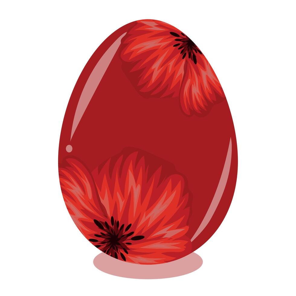 Easter egg template painted with floral motifs, namely open buds of red poppies on a red background, for drawing, for posters or banners vector