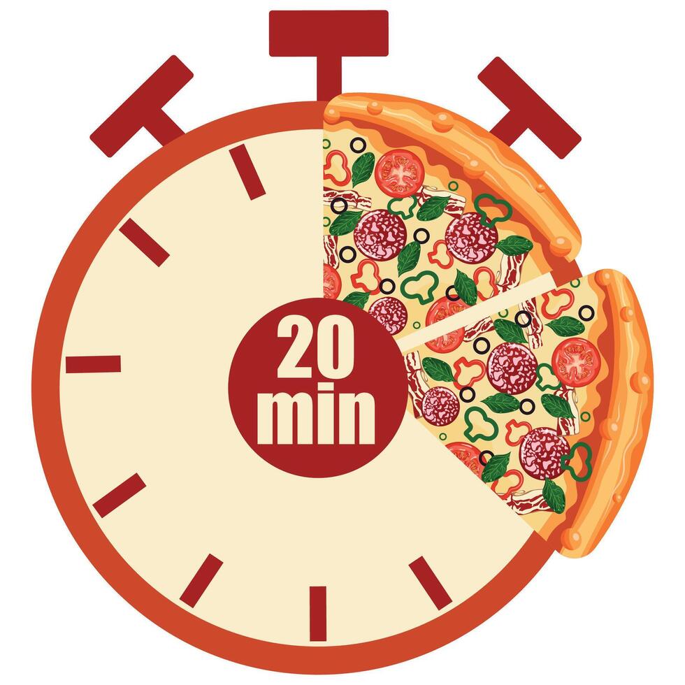 original icon for delivery service with a stopwatch dial and pizza slices and 20 minutes signaling the time of delivery of products, for posters, banners or stickers vector