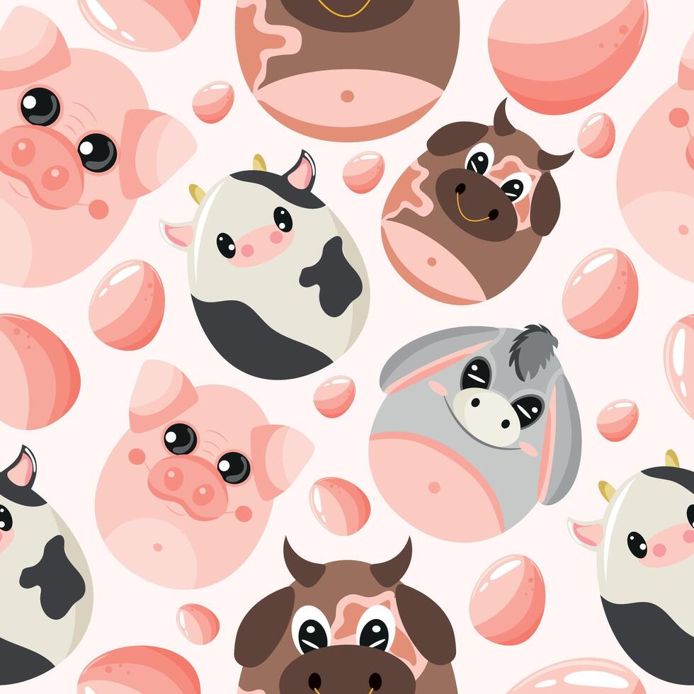 Easter seamless pattern with decorated eggs with cows, pig, bull and donkeys and pink eggs for holiday posters, textiles or packaging vector