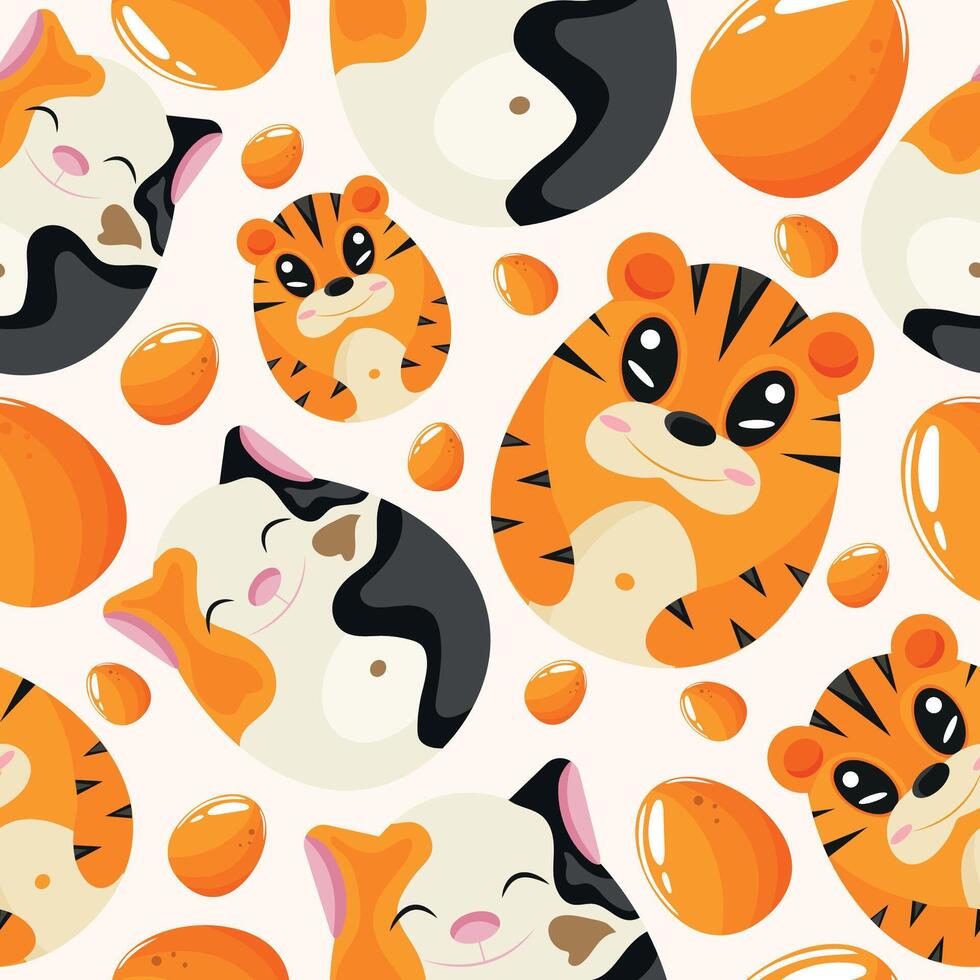 Easter seamless pattern with decorated eggs with spotted cats and orange tigers and orange eggs for holiday poster, textile or wrapping vector
