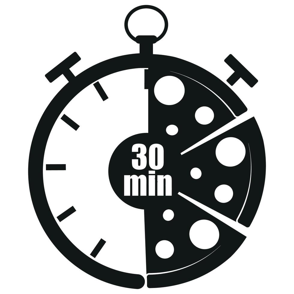 original black and white icon for delivery service with a stopwatch dial and pizza slices and 30 minutes signaling the time of delivery of products, for posters, banners or stickers vector