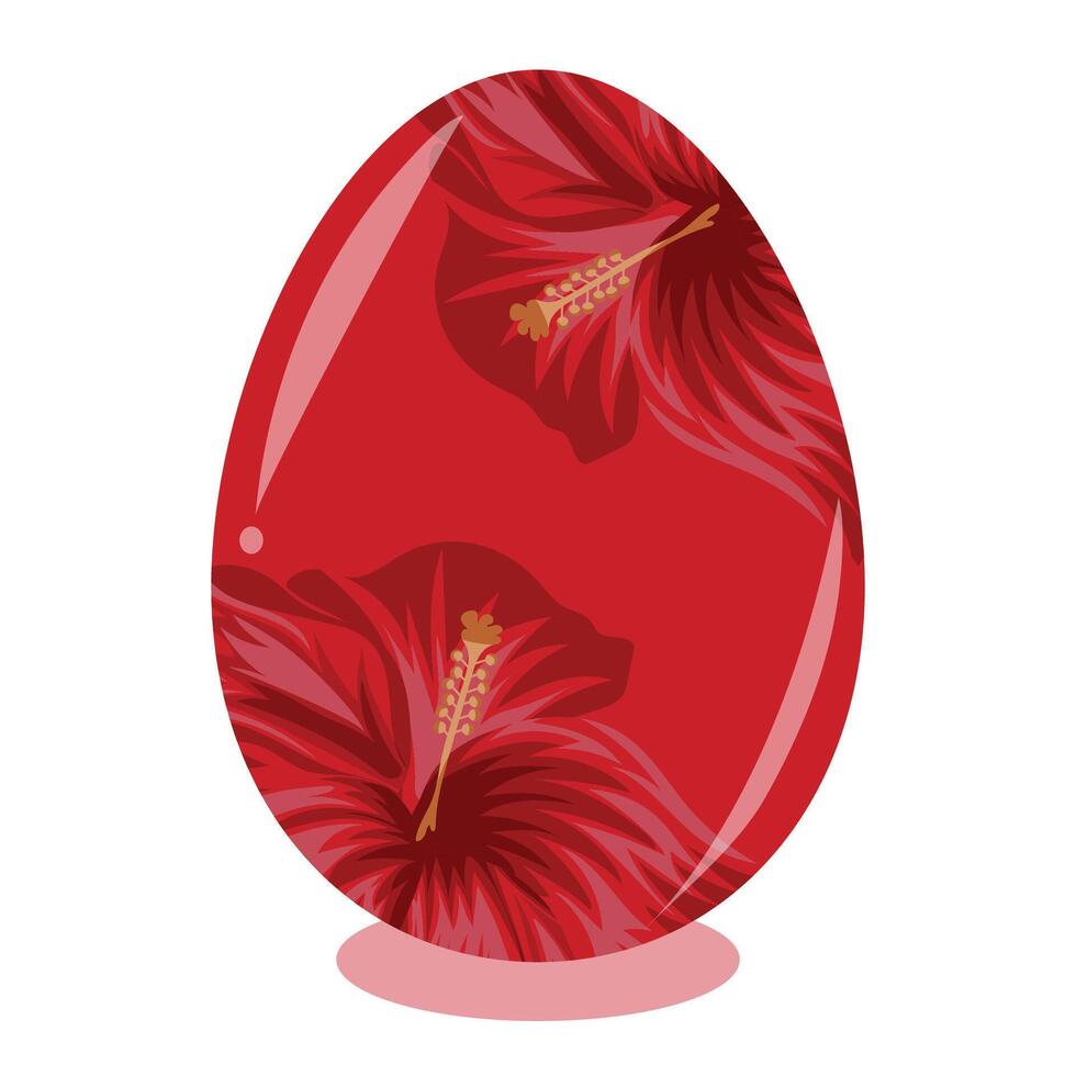 Easter egg template painted with floral motifs, namely open buds of red mallows on a red background, for drawing, for posters or banners vector