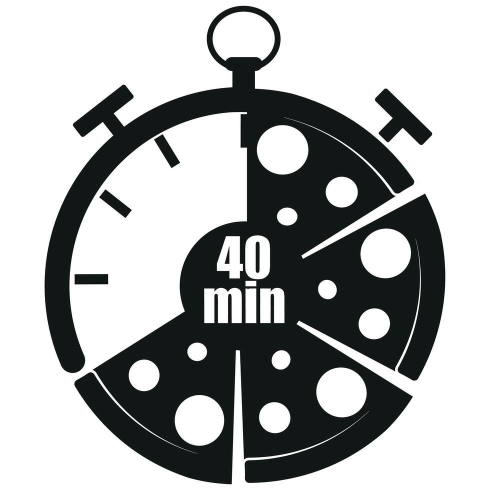 original black and white icon for delivery service with a stopwatch dial and pizza slices and 40 minutes signaling the time of delivery of products, for posters, banners or stickers vector