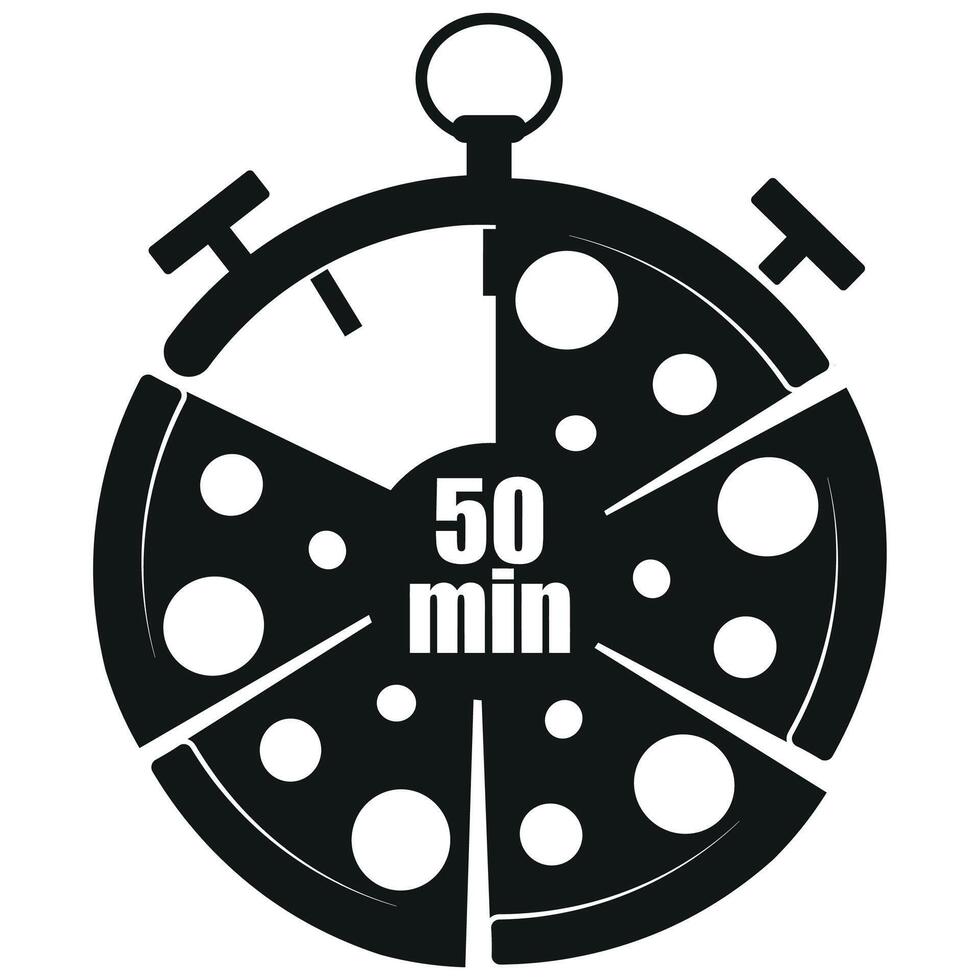 original black and white icon for delivery service with a stopwatch dial and pizza slices and 50 minutes signaling the time of delivery of products, for posters, banners or stickers vector