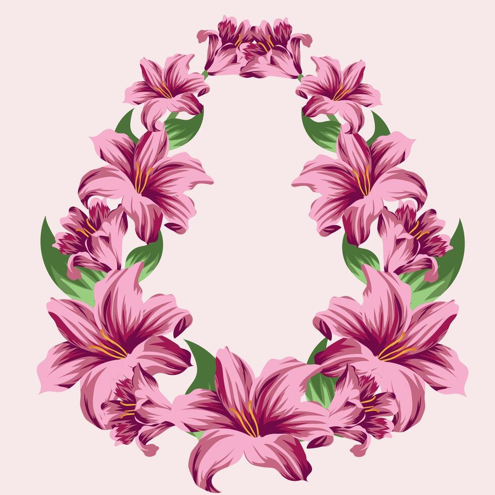 festive Easter decor, namely open pink lily buds, closed lily buds and green leaves in the shape of an Easter egg, for posters, banners or holiday cards vector