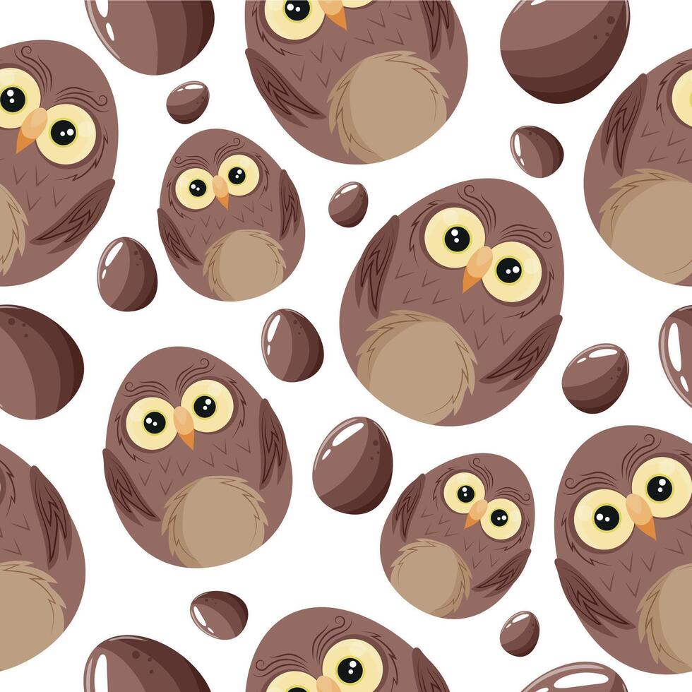 Easter seamless pattern with decorated eggs with brown owls and brown eggs for holiday poster, textile or wrapping vector