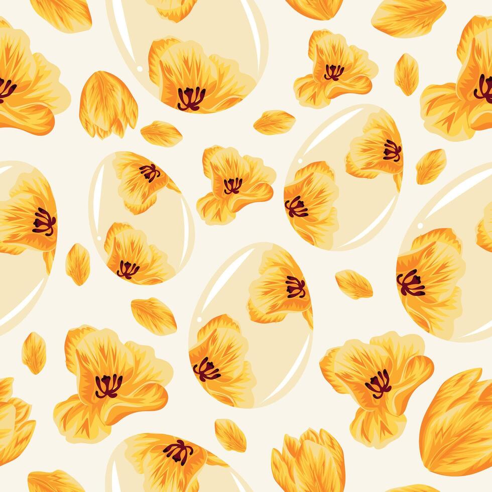 Easter seamless pattern with glass yellow eggs with tulip design and yellow tulip buds for poster, banner or holiday card vector