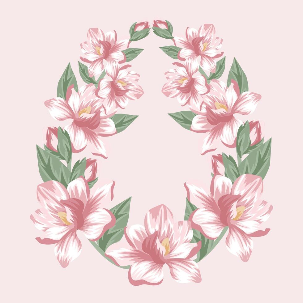festive Easter decor, namely open buds of pink magnolias, closed buds of magnolias and green leaves in the shape of an Easter egg, for posters, banners or holiday cards vector
