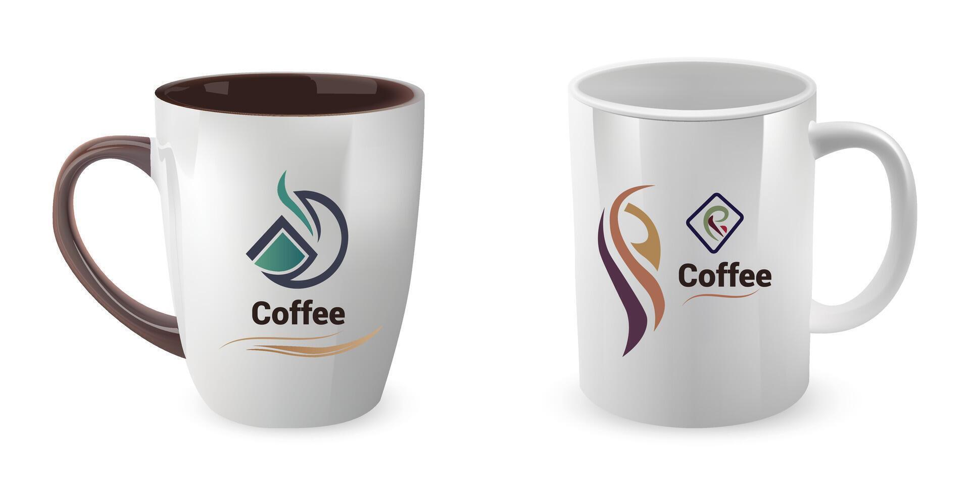 two coffee mugs with different designs on them vector