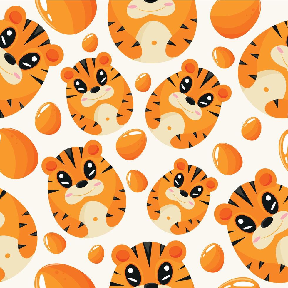 Easter seamless pattern with decorated eggs with orange tigers and orange eggs for holiday poster, textile or packaging vector