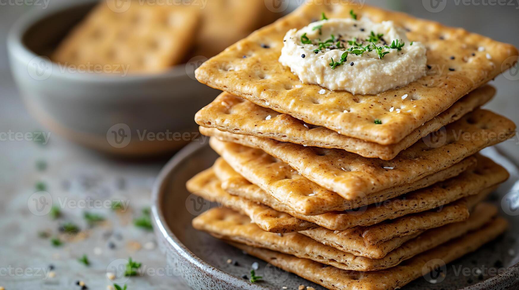 Whole wheat crackers stacked beside a bowl of creamy dip garnish photo