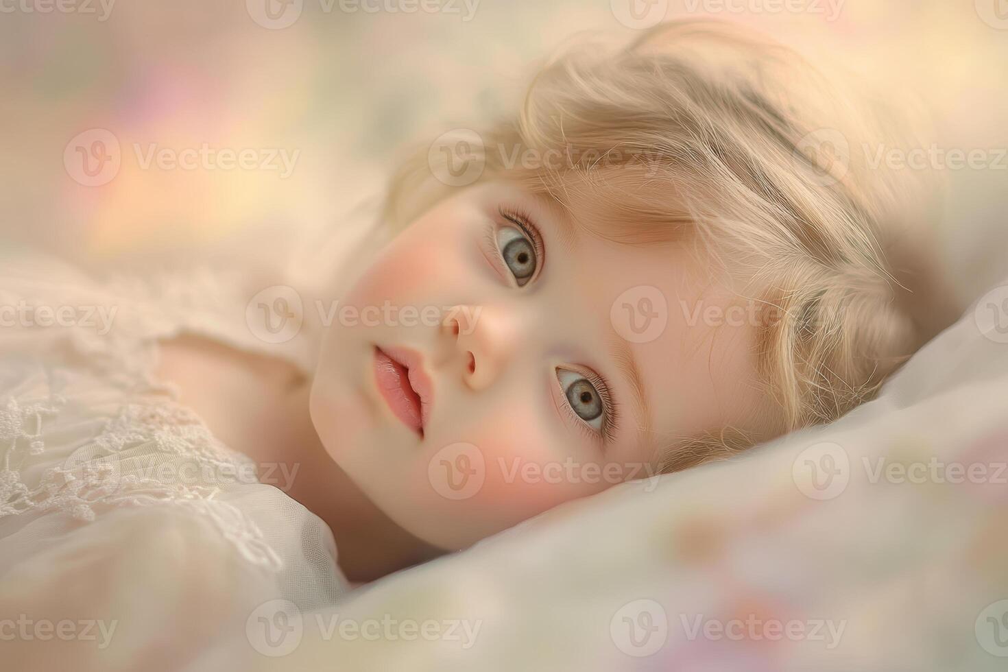Blonde female child with soft expression lying down on pastel background photo