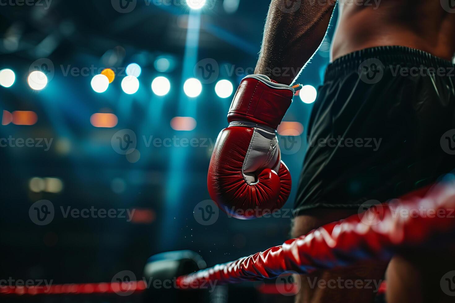 Boxer's hand in a red glove is poised near the ropes in a brightly lit ring, ready for the next bout. photo