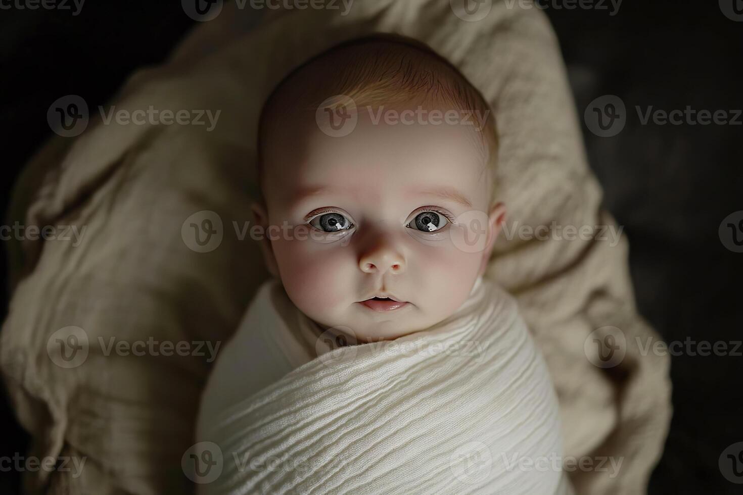 Newborn baby girl swaddled warmly in a cozy, modern setting duri photo