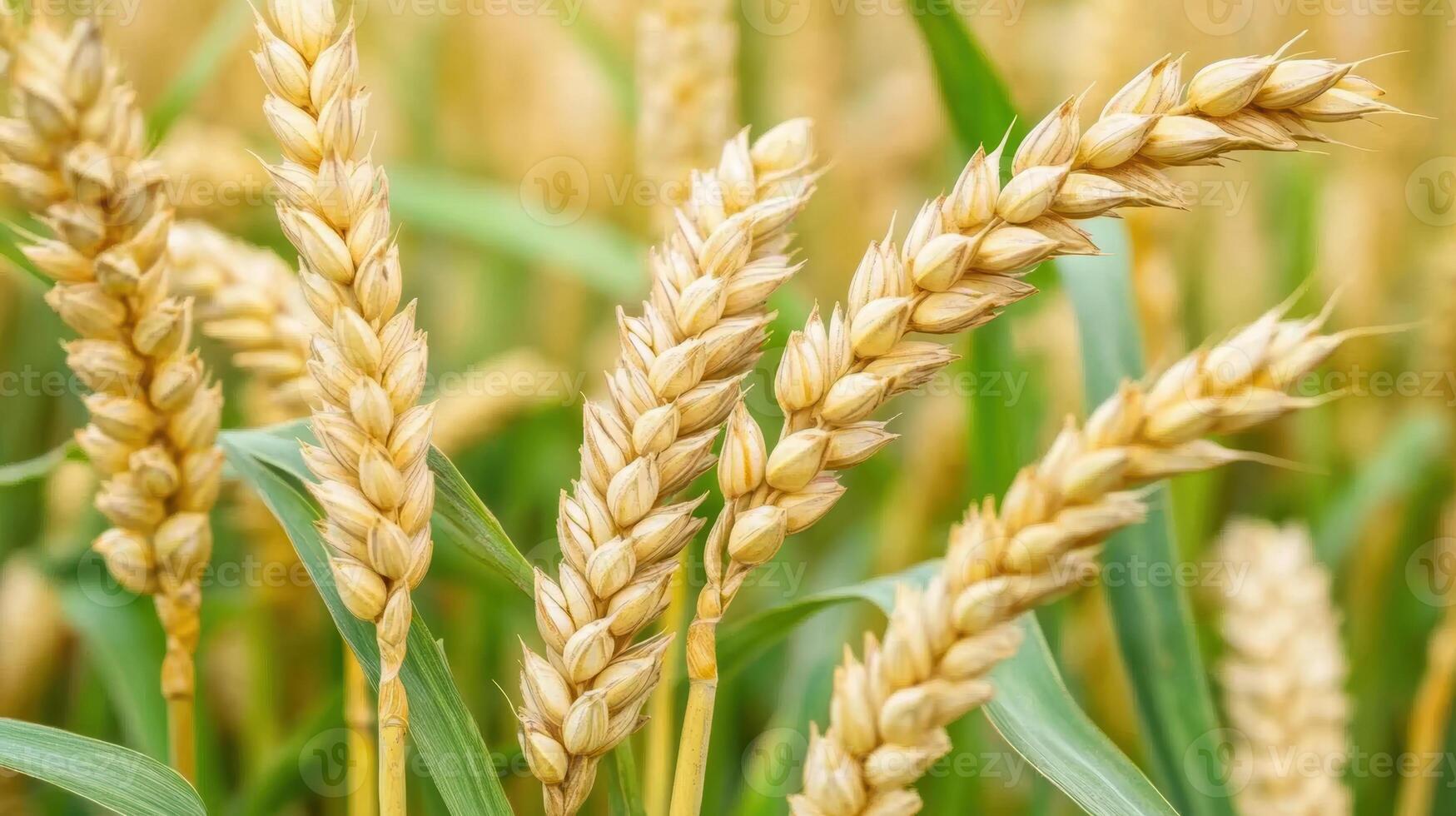 Golden wheat field close-up with dense ears of grain and green stalks photo