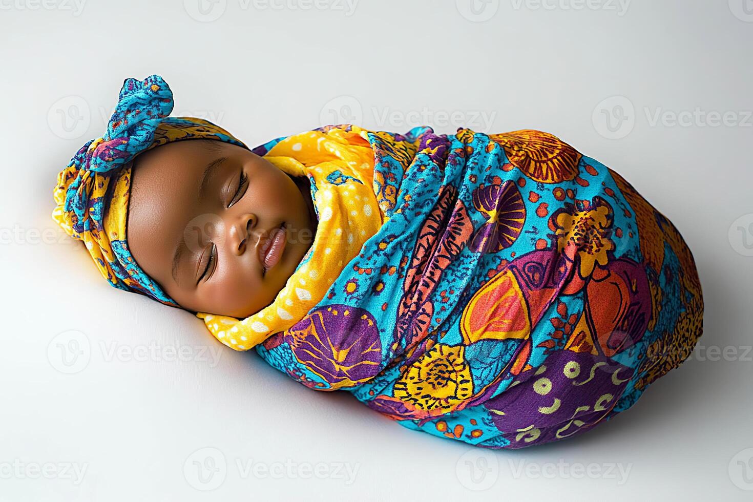Swaddled newborn baby girl in vibrant fabric displaying peaceful photo