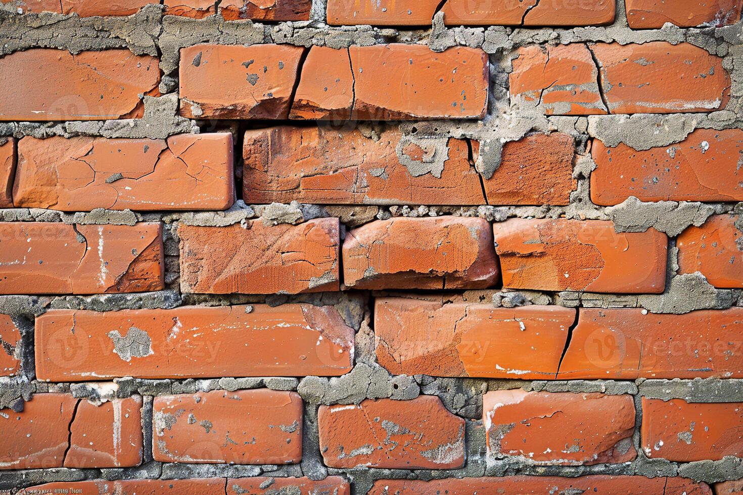 Close view of a brick wall shows a prominent crack disrupting the pattern, indicating wear over time. photo