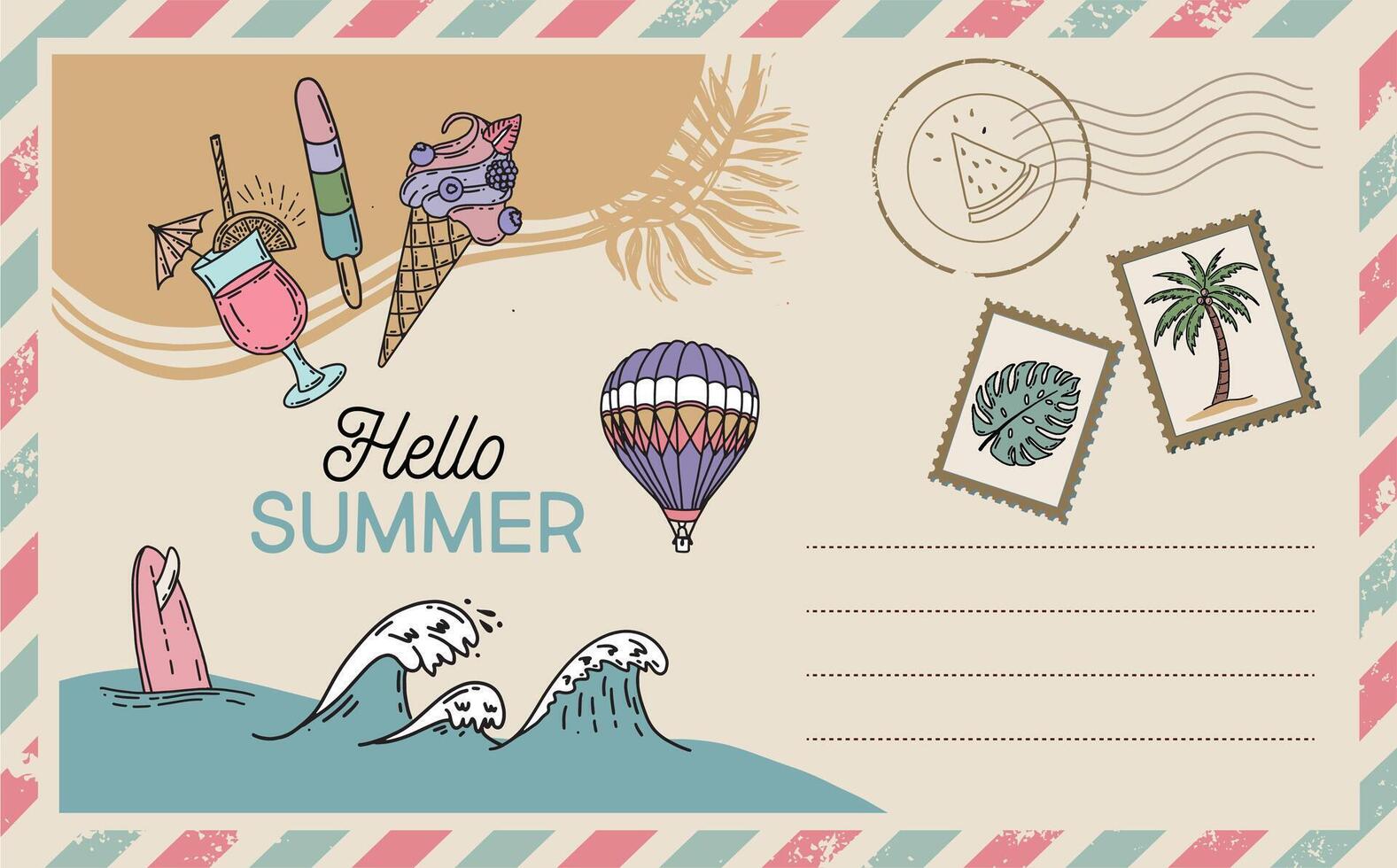 Postcard, mail, Hello summer, hand drawn. vector