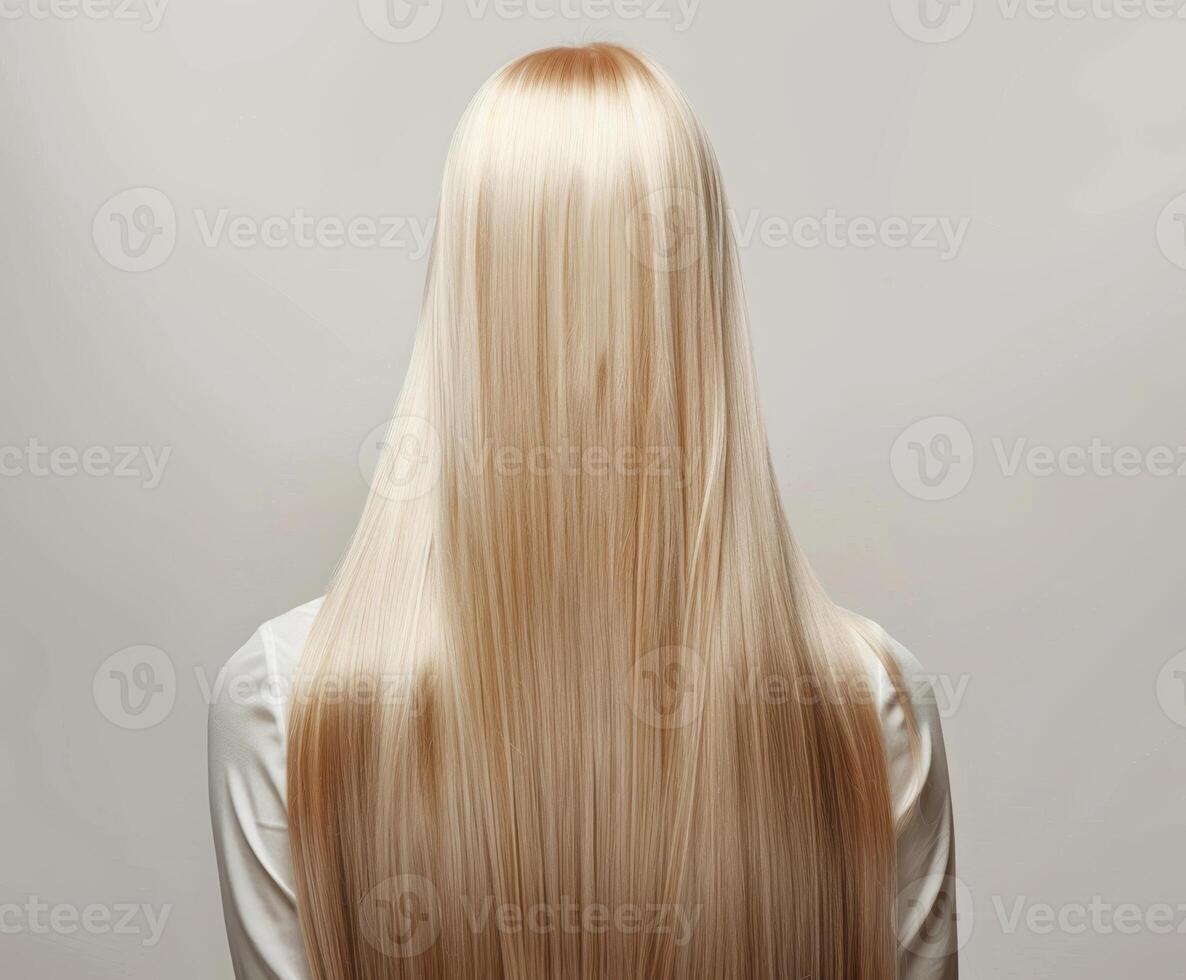Back view of young caucasian female with long straight blonde hair on neutral background photo