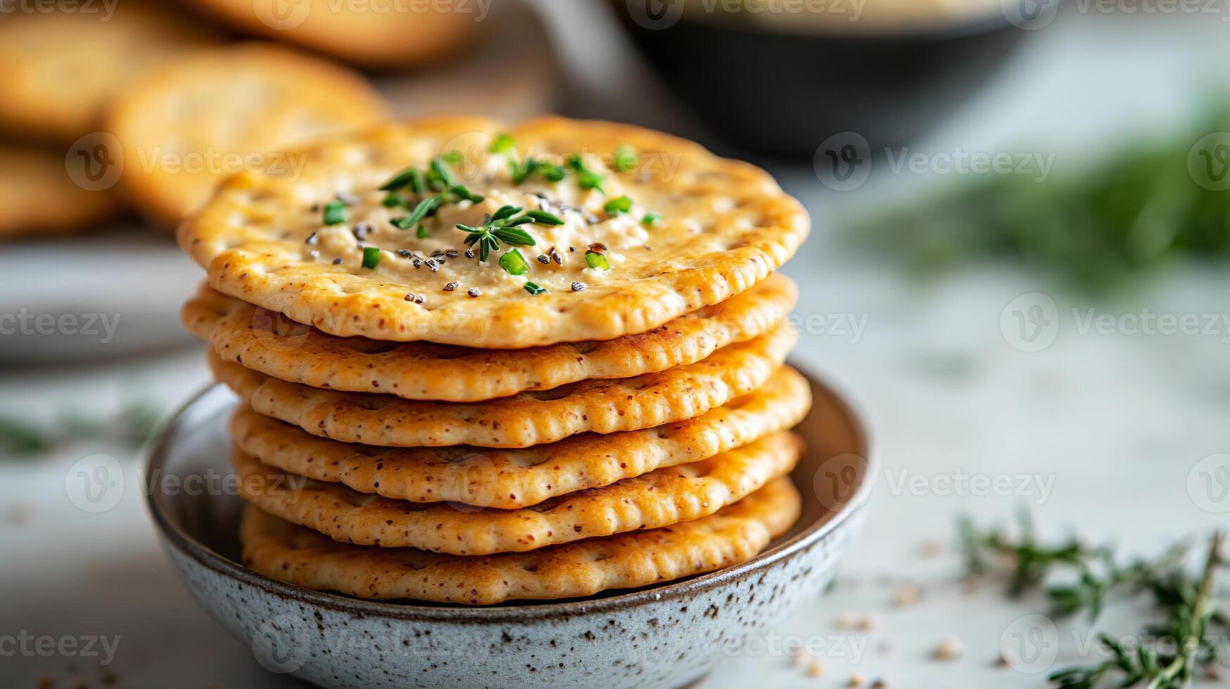 Whole wheat crackers stacked beside a small bowl of creamy dip with herbs on a rustic table photo
