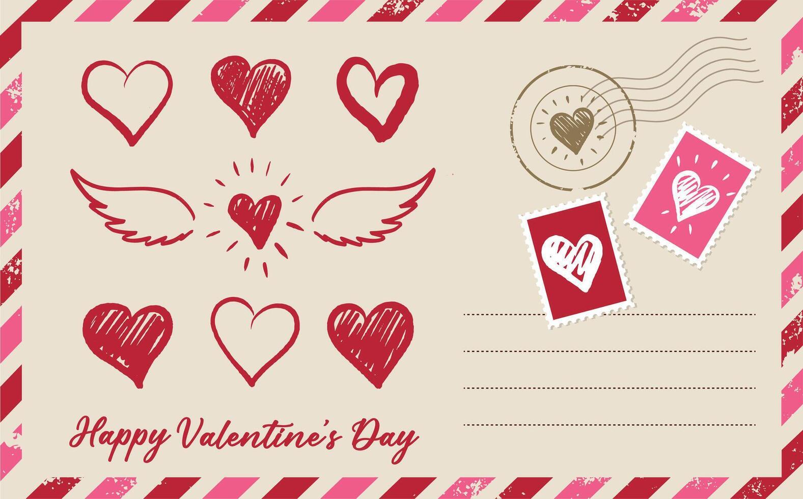 Postcard, mail with Heart, hand drawn. vector