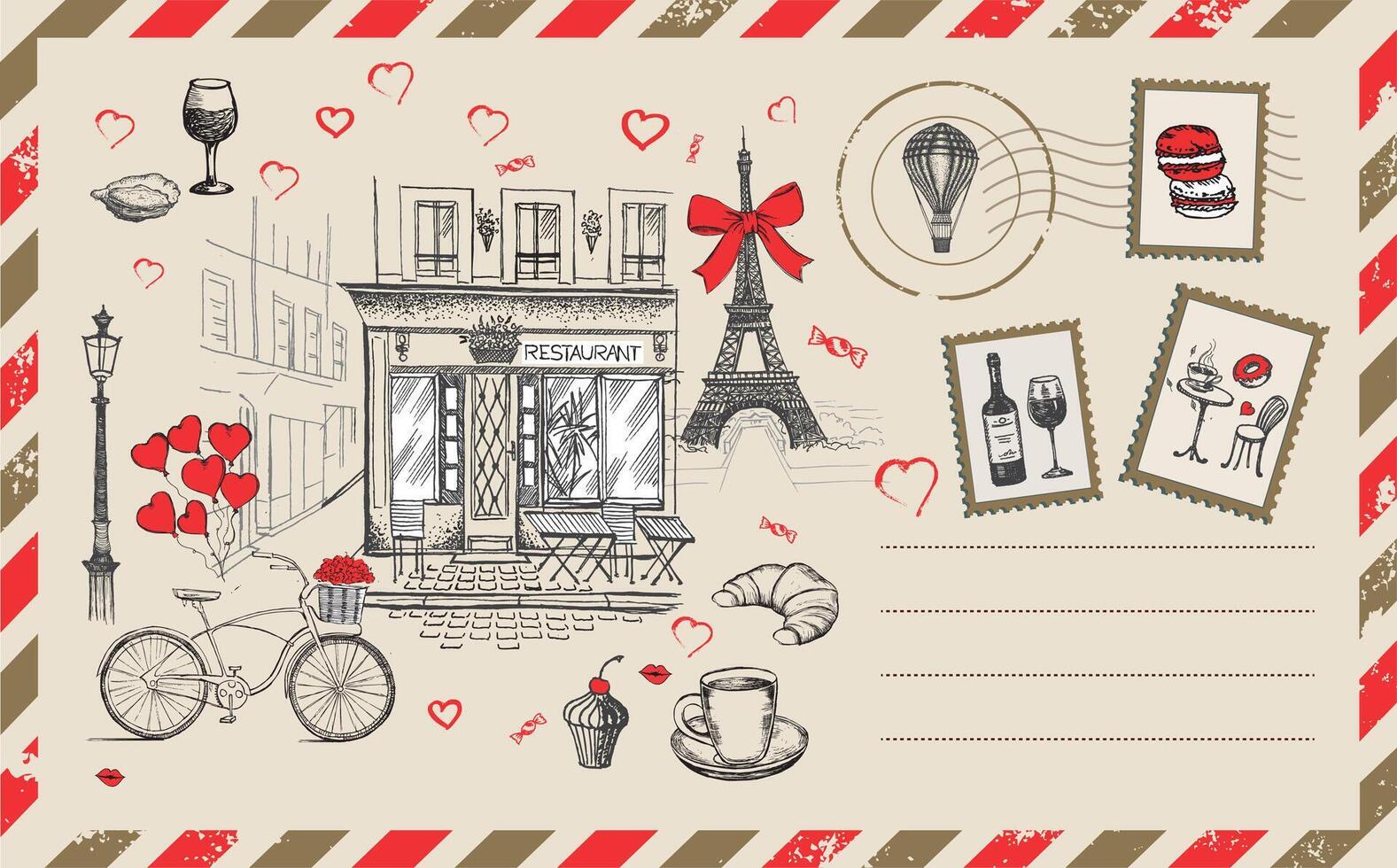 Postcard, mail, French icons, Paris sketch illustration vector