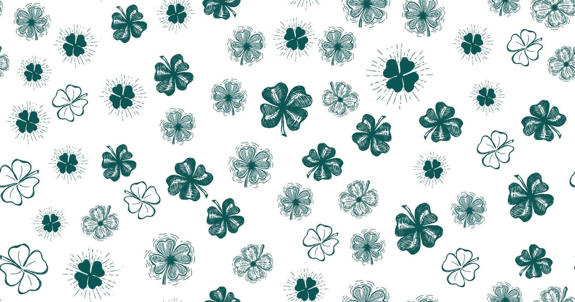 Patricks Day, clover pattern on white. Hand drawn illustrations vector