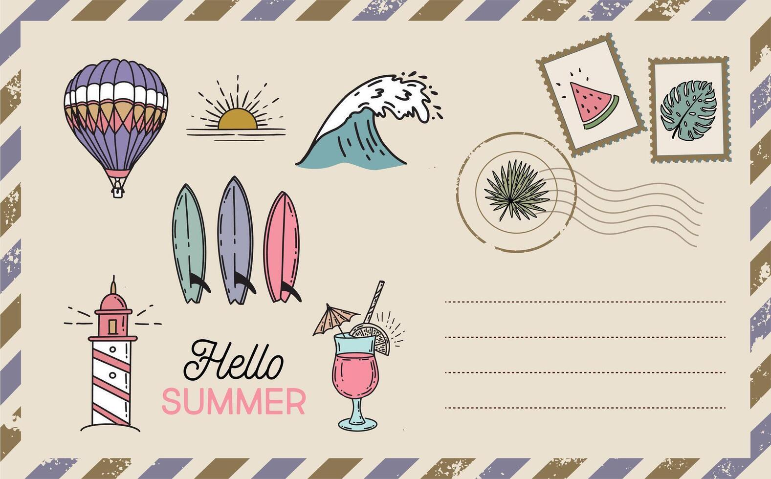 Postcard, Hello summer, mail, hand drawn illustrations. vector