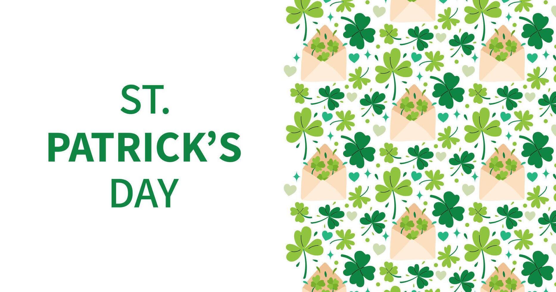 St. Patrick's Day greeting banner. Green clover and festive envelope. Holiday Irish background. Hand drawn elements shamrock, envelope. flat illustration. vector