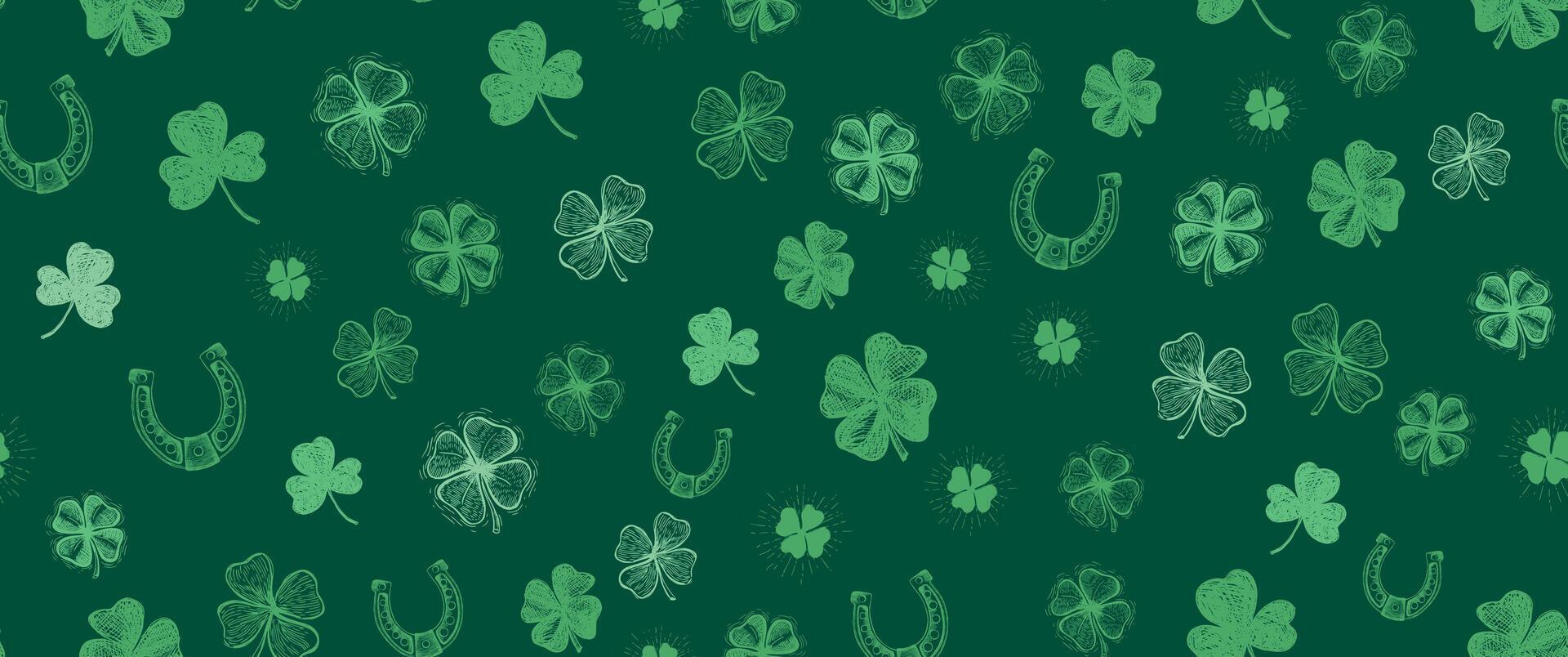 Patricks Day, clover pattern on green. Hand drawn illustrations vector