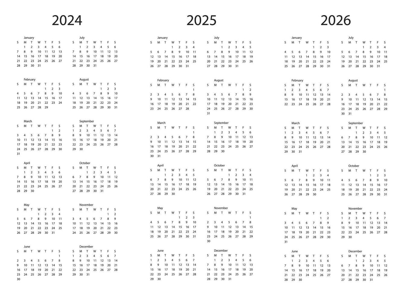 Calendar 2024, 2025, 2026 year. The week starts on Sunday. vector