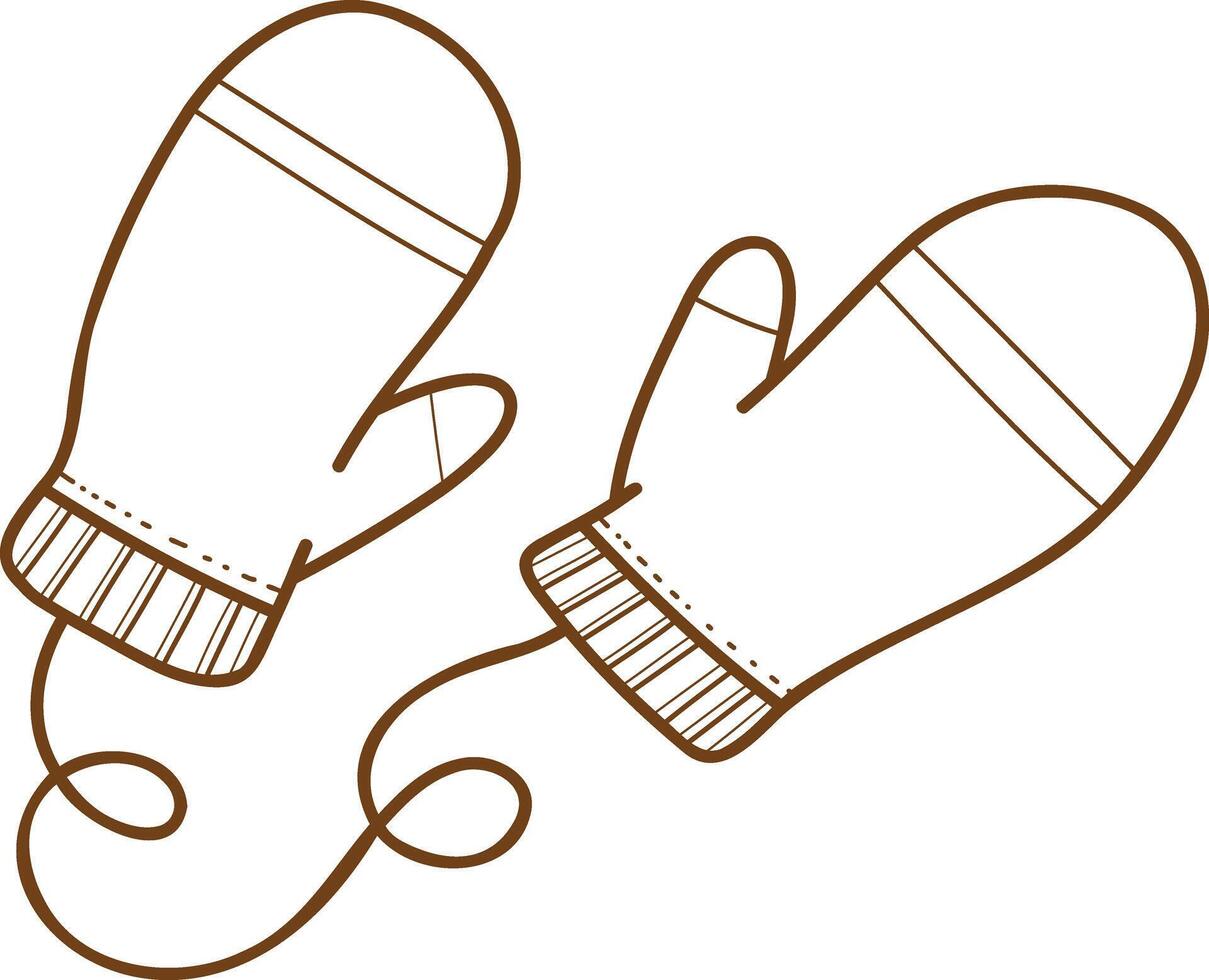 Mittens on a rope, illustration drawn by hand. Isolated linear illustration on white background. Logo, mitten badge, print, sticker vector
