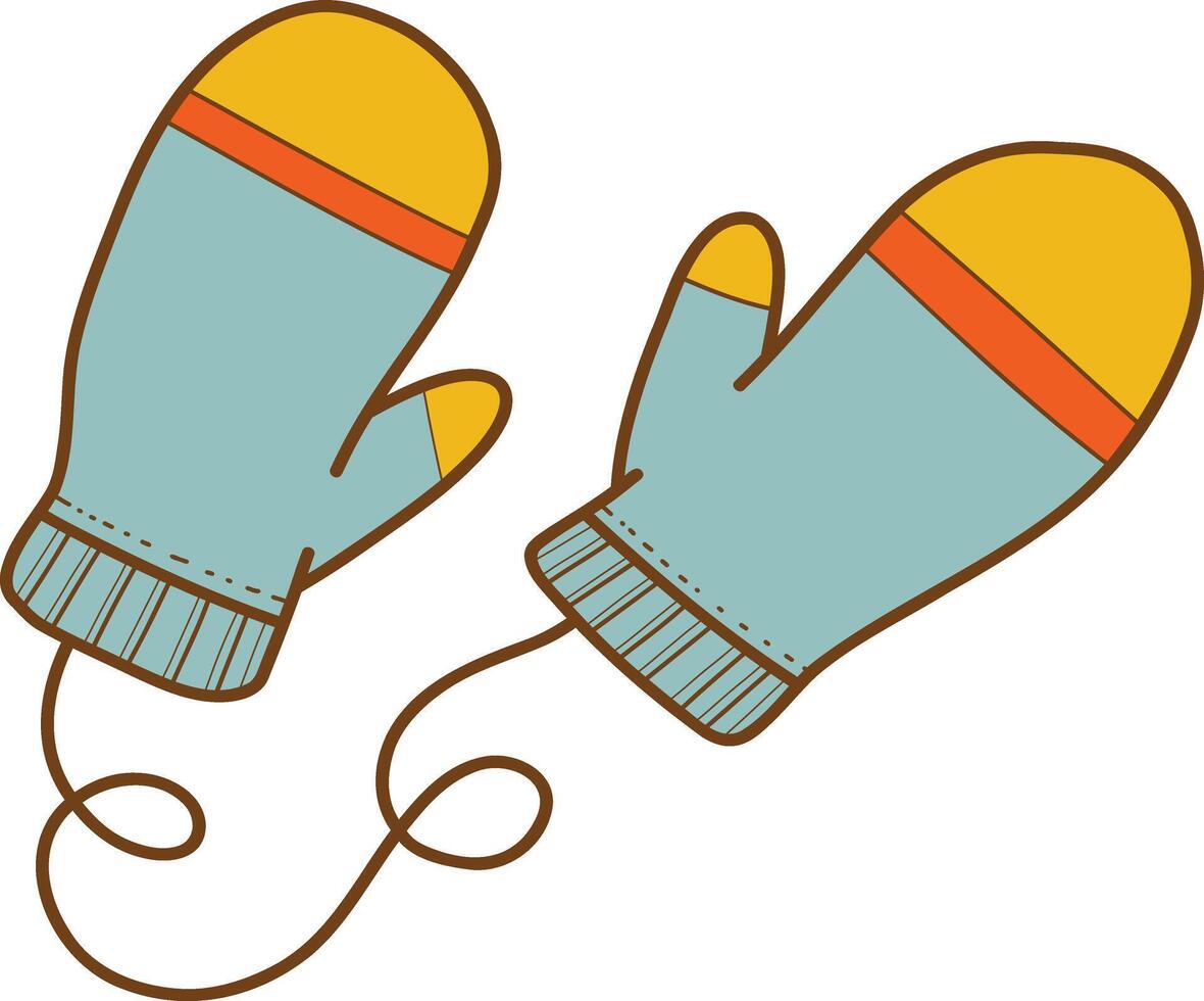 Blue mittens on a string, illustration drawn by hand. Isolated illustration on white background. Logo, mitten icon, print, sticker vector