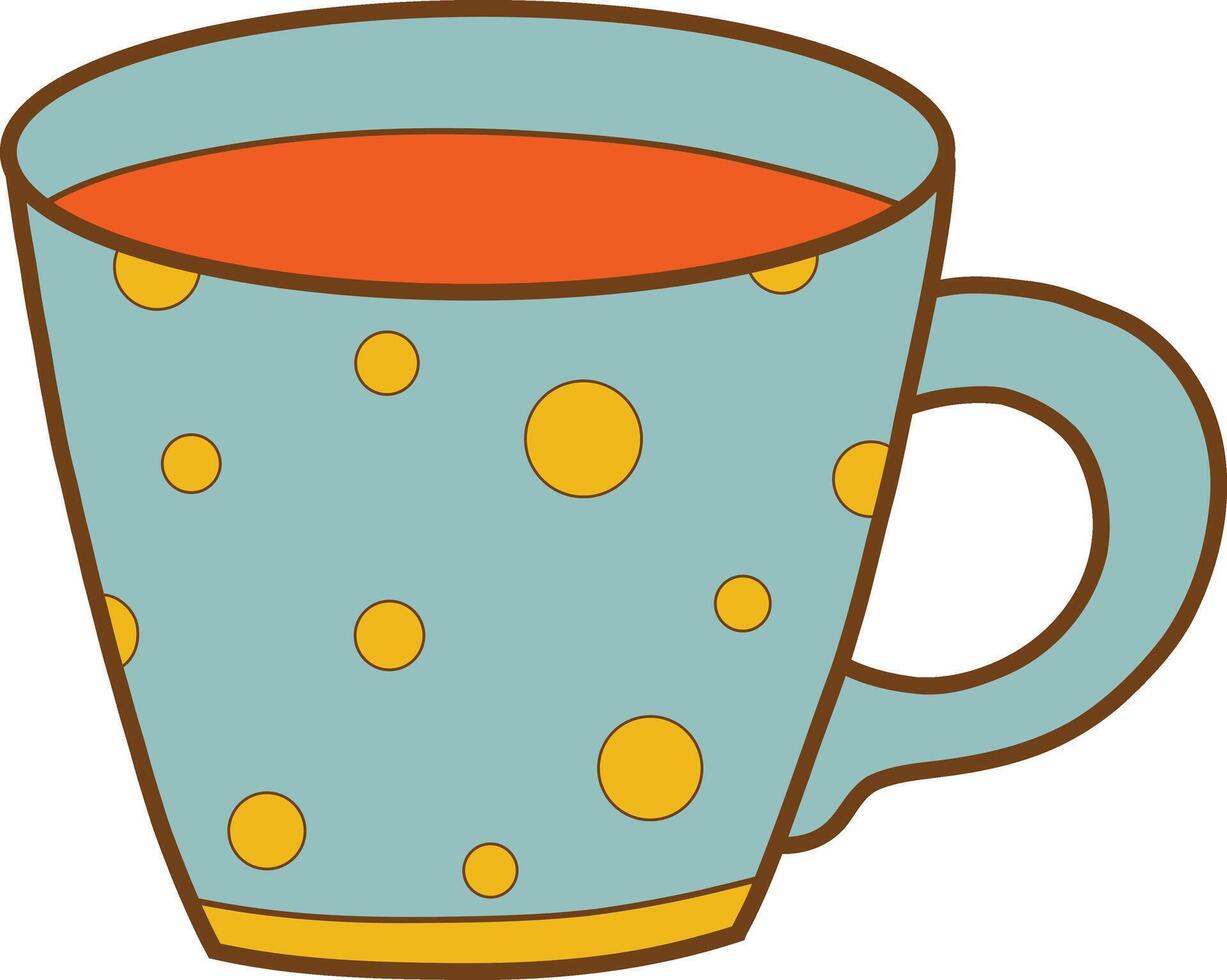 Cup of tea, blue mug with yellow polka dots. Logo, circle icon. Tea, coffee, cocoa, hot drink. vector