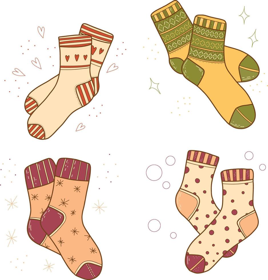 Set of hand drawn illustrations of warm socks. Knitted wool clothing. vector