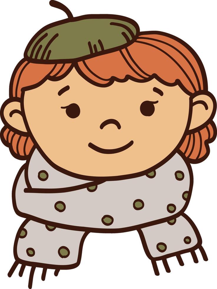 Linear illustration of a girl in a beret and scarf, icon, symbol. vector