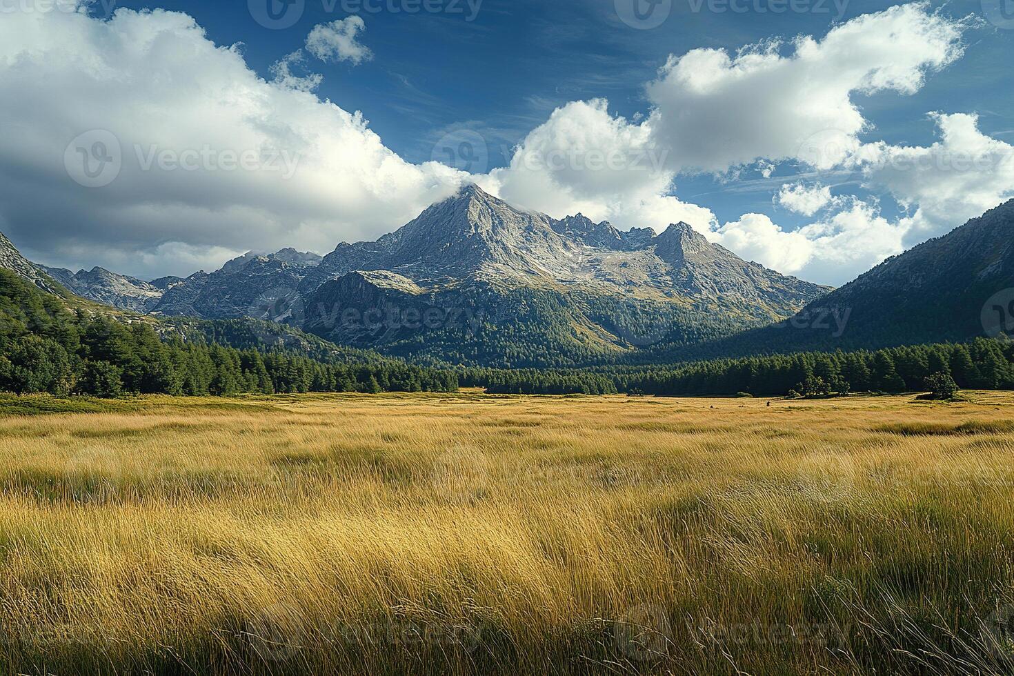 Panoramic view of mountain with forest under blue sky with clouds. Landscape. Generated by artificial intelligence. photo