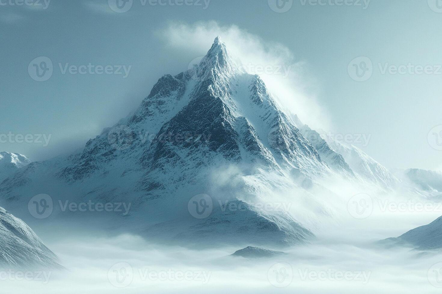 Panorama of a high mountain with snow in cloudy windy weather. photo